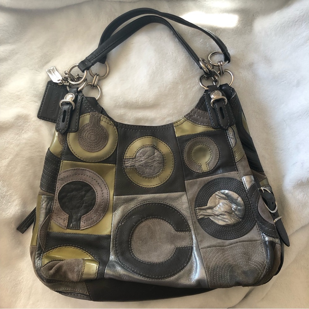 COACH Maggie Mia Inlaid “C” Leather/Suede/Fabric Patchwork Hobo Shoulder Bag